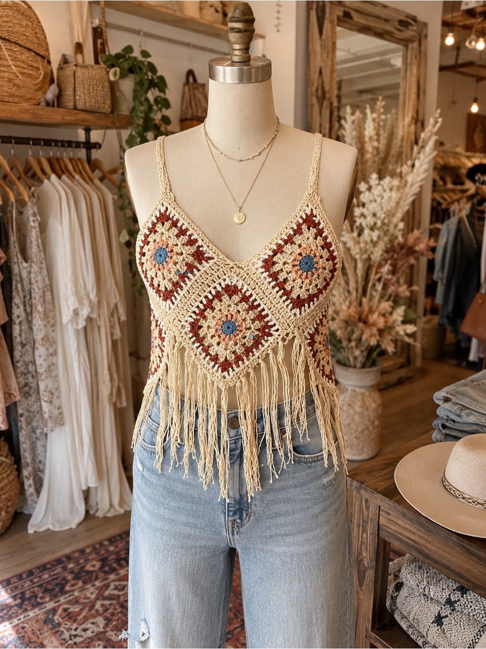 West of Melrose Boho Crochet Granny Square Fringe Tank Top Beige Festival Size M